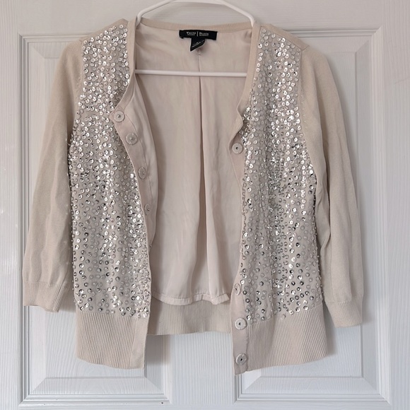 White & Black Dressy Cardigan Silver Sequin 3/4 Sleeve Sweater - Picture 1 of 8